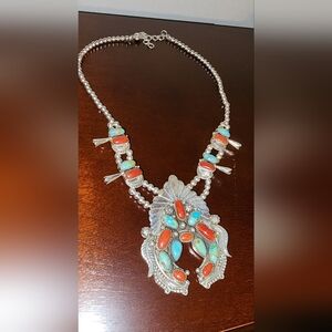 Solid sterling silver native squash blossom necklace/genuine gemstones